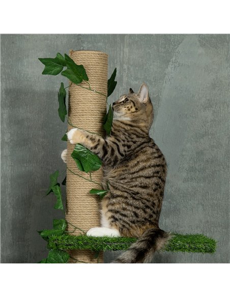 PawHut 242cm Adjustable Floor-To-Ceiling Cat Tree, with Artificial Decoration, Perches, Anti-Slip Kit - Green - pic 148356 | FastDaddyshop