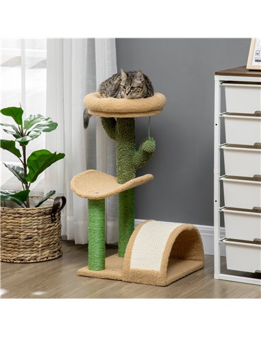 PawHut 72cm Cat Tree, with Top Bed, Curved Pad, Sisal Scratching Post - Beige & Green