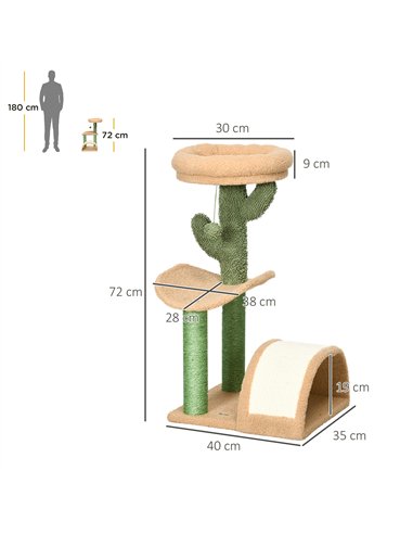 PawHut 72cm Cat Tree, with Top Bed, Curved Pad, Sisal Scratching Post - Beige & Green