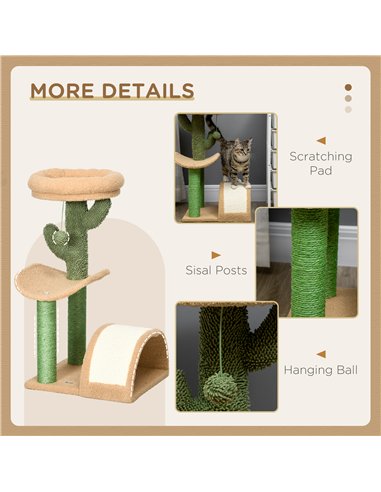PawHut 72cm Cat Tree, with Top Bed, Curved Pad, Sisal Scratching Post - Beige & Green