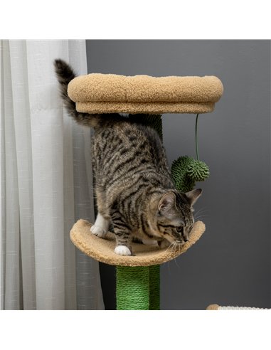 PawHut 72cm Cat Tree, with Top Bed, Curved Pad, Sisal Scratching Post - Beige & Green
