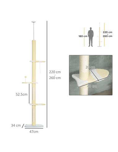 PawHut 260cm Adjustable Floor-To-Ceiling Cat Tree w/ Anti-Tipping Kit, Toy Ball