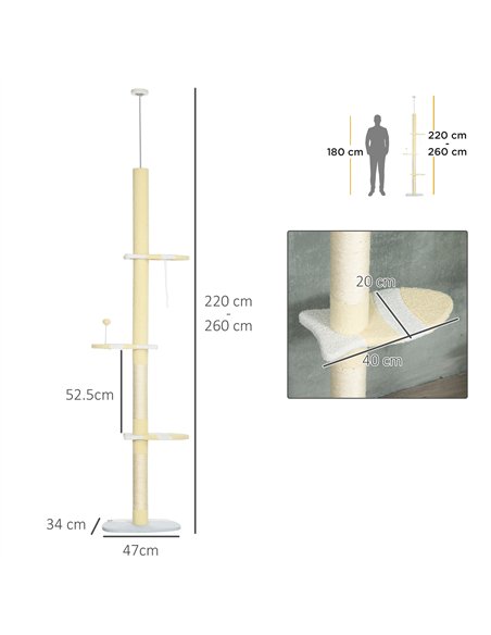 PawHut 260cm Adjustable Floor-To-Ceiling Cat Tree w/ Anti-Tipping Kit, Toy Ball - pic 148369 | FastDaddyshop