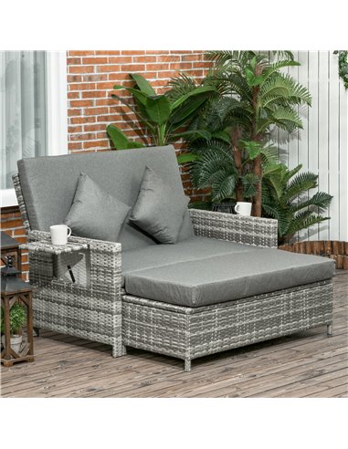 Outsunny 2 Seater Assembled Garden Patio Outdoor Rattan Furniture Sofa Sun Lounger Daybed with Fire Retardant Sponge - Grey