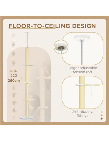 PawHut 260cm Adjustable Floor-To-Ceiling Cat Tree w/ Anti-Tipping Kit, Toy Ball