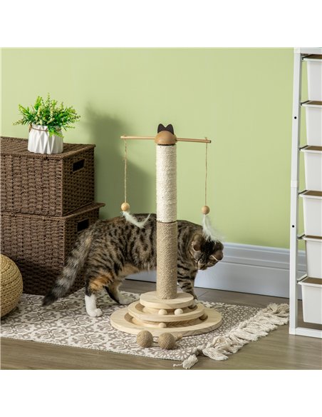 PawHut Cat Tree, with Scratching Post, Turntable Toy Ball - Natural Finish - pic 148377 | FastDaddyshop