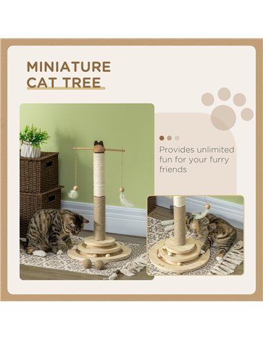 PawHut Cat Tree, with Scratching Post, Turntable Toy Ball - Natural Finish