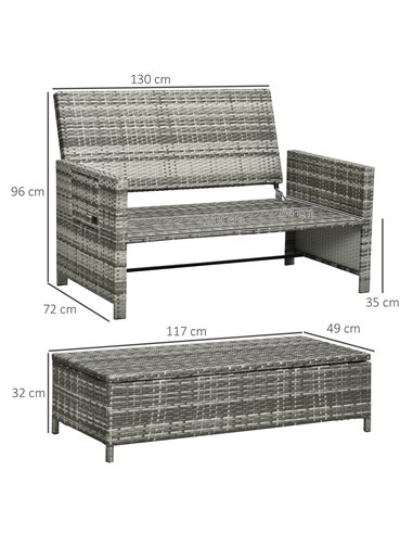 Outsunny 2 Seater Assembled Garden Patio Outdoor Rattan Furniture Sofa Sun Lounger Daybed with Fire Retardant Sponge - Grey