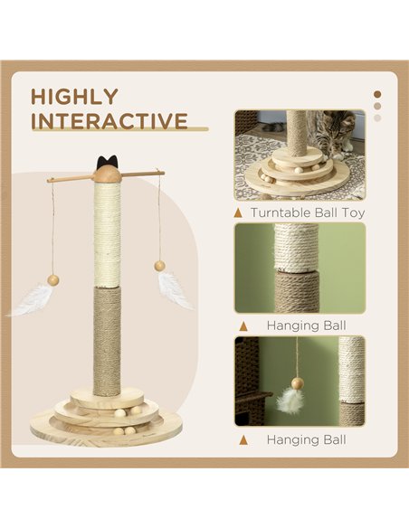 PawHut Cat Tree, with Scratching Post, Turntable Toy Ball - Natural Finish - pic 148380 | FastDaddyshop