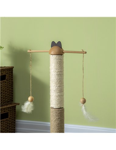 PawHut Cat Tree, with Scratching Post, Turntable Toy Ball - Natural Finish