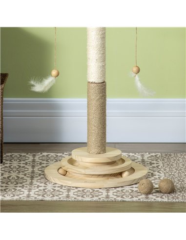 PawHut Cat Tree, with Scratching Post, Turntable Toy Ball - Natural Finish