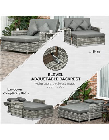 Outsunny 2 Seater Assembled Garden Patio Outdoor Rattan Furniture Sofa Sun Lounger Daybed with Fire Retardant Sponge - Grey