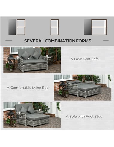 Outsunny 2 Seater Assembled Garden Patio Outdoor Rattan Furniture Sofa Sun Lounger Daybed with Fire Retardant Sponge - Grey