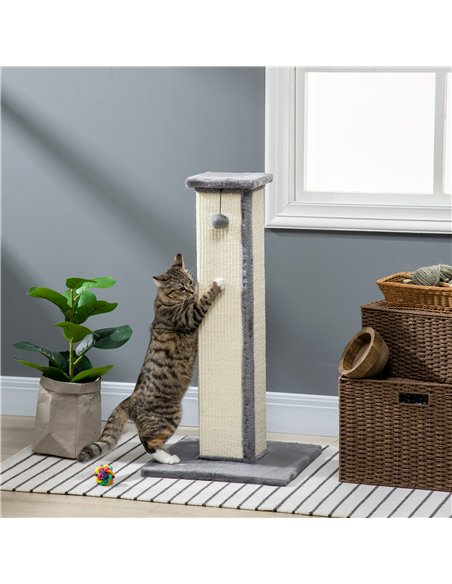 PawHut 81cm Cat Scratcher, Vertical Full Scratcher w/ Natural Sisal Rope, Hanging Ball, Soft Plush - Grey - pic 148404 | FastDaddyshop