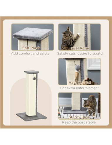 PawHut 81cm Cat Scratcher, Vertical Full Scratcher w/ Natural Sisal Rope, Hanging Ball, Soft Plush - Grey