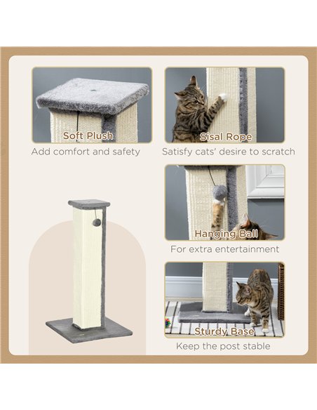 PawHut 81cm Cat Scratcher, Vertical Full Scratcher w/ Natural Sisal Rope, Hanging Ball, Soft Plush - Grey - pic 148407 | FastDaddyshop
