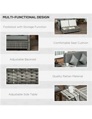 Outsunny 2 Seater Assembled Garden Patio Outdoor Rattan Furniture Sofa Sun Lounger Daybed with Fire Retardant Sponge - Grey
