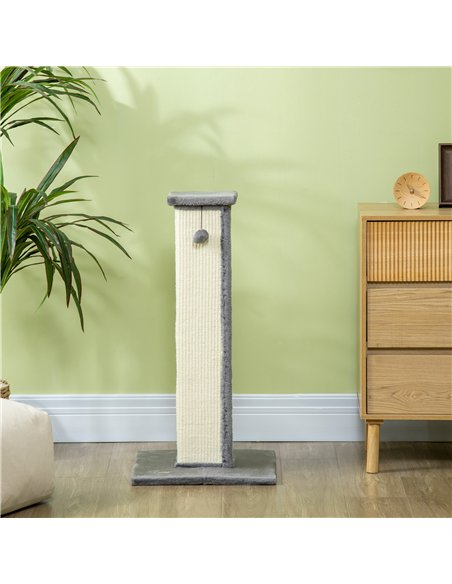 PawHut 81cm Cat Scratcher, Vertical Full Scratcher w/ Natural Sisal Rope, Hanging Ball, Soft Plush - Grey - pic 148410 | FastDaddyshop
