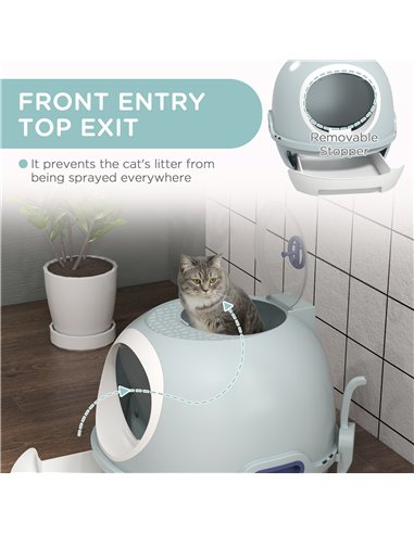 PawHut Cat Litter Box Toilet with Litter Scoop Enclosed Drawer, Front Entry Top Exit, Easy To Clean Blue