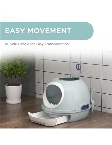 PawHut Cat Litter Box Toilet with Litter Scoop Enclosed Drawer, Front Entry Top Exit, Easy To Clean Blue