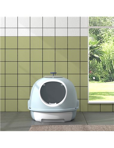 PawHut Cat Litter Box Toilet with Litter Scoop Enclosed Drawer, Front Entry Top Exit, Easy To Clean Blue