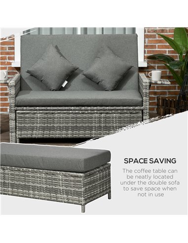 Outsunny 2 Seater Assembled Garden Patio Outdoor Rattan Furniture Sofa Sun Lounger Daybed with Fire Retardant Sponge - Grey