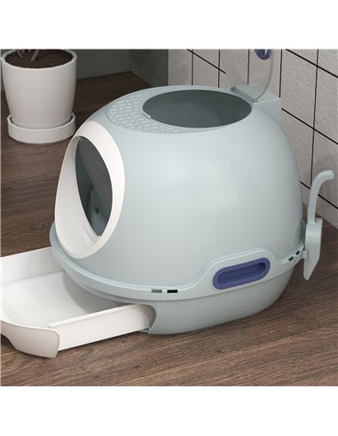 PawHut Cat Litter Box Toilet with Litter Scoop Enclosed Drawer, Front Entry Top Exit, Easy To Clean Blue