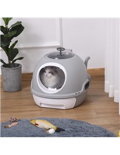 PawHut Cat Litter Box Toilet with Litter Scoop Enclosed Drawer, Front Entry Top Exit, Easy To Clean Grey 2