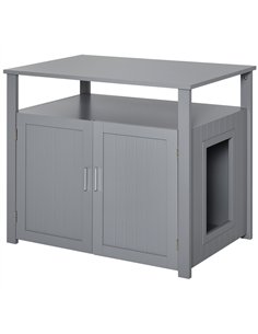 PawHut Wooden Cat Litter Box Enclosure Furniture with Adjustable Interior Wall & Large Tabletop for Nightstand, Grey