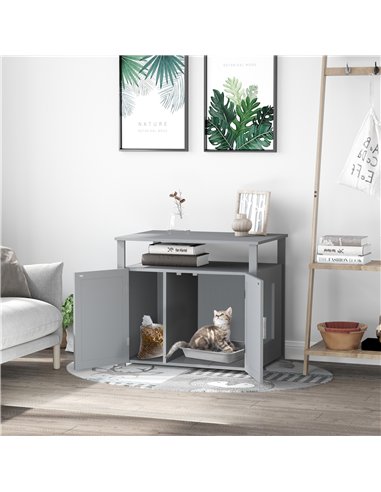 PawHut Wooden Cat Litter Box Enclosure Furniture with Adjustable Interior Wall & Large Tabletop for Nightstand, Grey