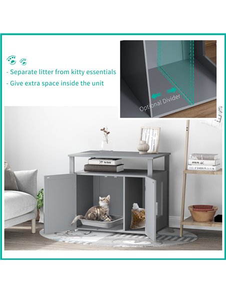 PawHut Wooden Cat Litter Box Enclosure Furniture with Adjustable Interior Wall & Large Tabletop for Nightstand, Grey - pic 148433 | FastDaddyshop