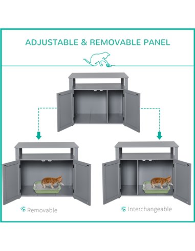 PawHut Wooden Cat Litter Box Enclosure Furniture with Adjustable Interior Wall & Large Tabletop for Nightstand, Grey