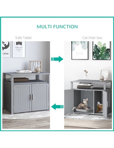 PawHut Wooden Cat Litter Box Enclosure Furniture with Adjustable Interior Wall & Large Tabletop for Nightstand, Grey