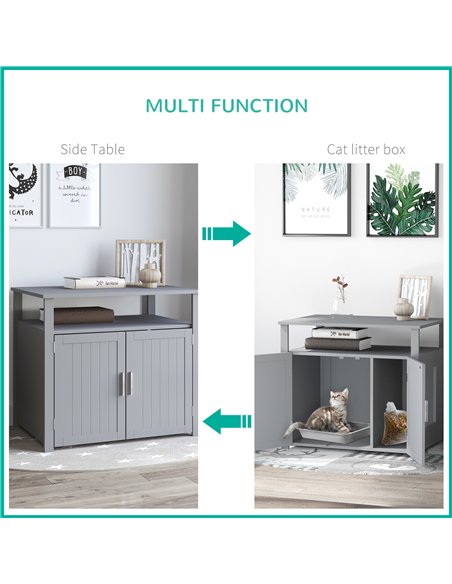 PawHut Wooden Cat Litter Box Enclosure Furniture with Adjustable Interior Wall & Large Tabletop for Nightstand, Grey - pic 148435 | FastDaddyshop
