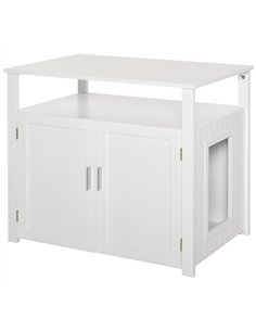 PawHut Wooden Cat Litter Box Enclosure Furniture with Adjustable Interior Wall & Large Tabletop for Nightstand, White