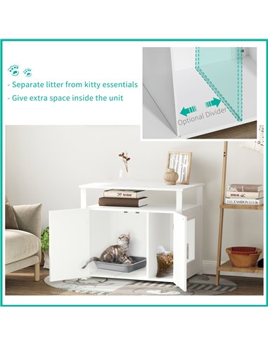 PawHut Wooden Cat Litter Box Enclosure Furniture with Adjustable Interior Wall & Large Tabletop for Nightstand, White