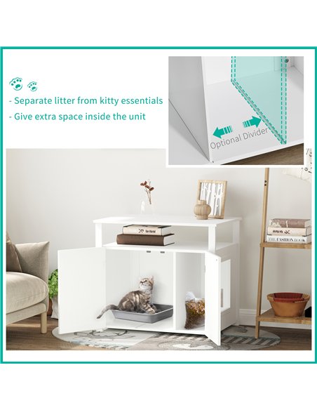 PawHut Wooden Cat Litter Box Enclosure Furniture with Adjustable Interior Wall & Large Tabletop for Nightstand, White - pic 148442 | FastDaddyshop
