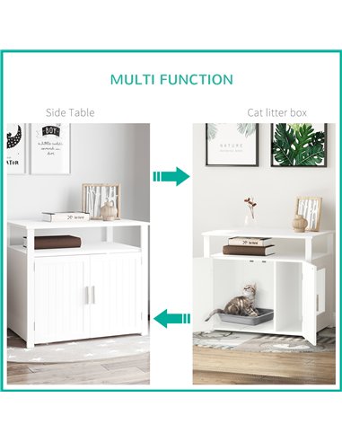 PawHut Wooden Cat Litter Box Enclosure Furniture with Adjustable Interior Wall & Large Tabletop for Nightstand, White