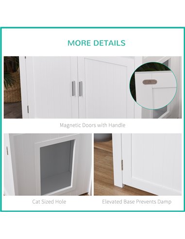 PawHut Wooden Cat Litter Box Enclosure Furniture with Adjustable Interior Wall & Large Tabletop for Nightstand, White