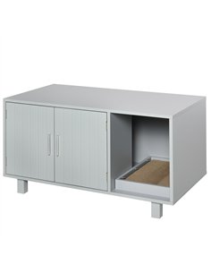 PawHut Wooden Cat Litter Box Enclosure & House with Nightstand/End Table Design, Scratcher, & Magnetic Doors, Grey