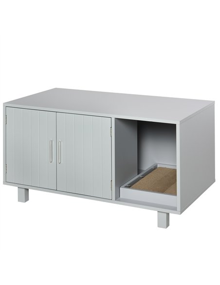 PawHut Wooden Cat Litter Box Enclosure & House with Nightstand/End Table Design, Scratcher, & Magnetic Doors, Grey - pic 148448 | FastDaddyshop