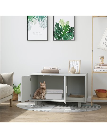 PawHut Wooden Cat Litter Box Enclosure & House with Nightstand/End Table Design, Scratcher, & Magnetic Doors, Grey - pic 148449 | FastDaddyshop