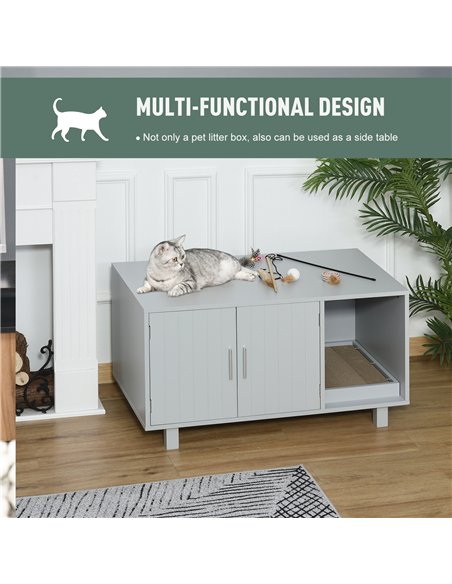 PawHut Wooden Cat Litter Box Enclosure & House with Nightstand/End Table Design, Scratcher, & Magnetic Doors, Grey - pic 148451 | FastDaddyshop