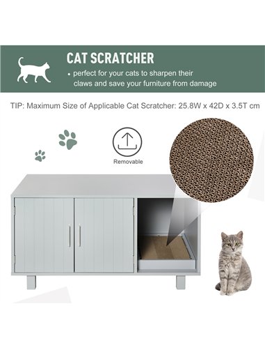 PawHut Wooden Cat Litter Box Enclosure & House with Nightstand/End Table Design, Scratcher, & Magnetic Doors, Grey