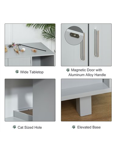 PawHut Wooden Cat Litter Box Enclosure & House with Nightstand/End Table Design, Scratcher, & Magnetic Doors, Grey