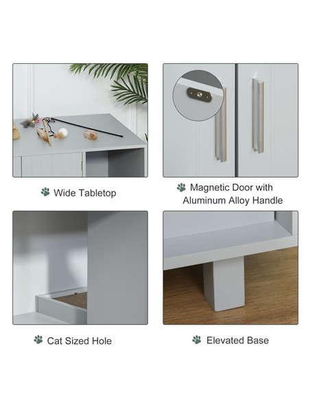 PawHut Wooden Cat Litter Box Enclosure & House with Nightstand/End Table Design, Scratcher, & Magnetic Doors, Grey - pic 148453 | FastDaddyshop