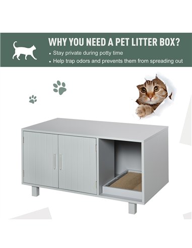PawHut Wooden Cat Litter Box Enclosure & House with Nightstand/End Table Design, Scratcher, & Magnetic Doors, Grey