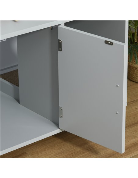 PawHut Wooden Cat Litter Box Enclosure & House with Nightstand/End Table Design, Scratcher, & Magnetic Doors, Grey - pic 148455 | FastDaddyshop