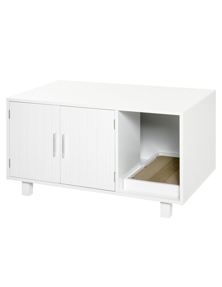 PawHut Wooden Cat Litter Box Enclosure & House with Nightstand/End Table Design, Scratcher, & Magnetic Doors, White - pic 148457 | FastDaddyshop