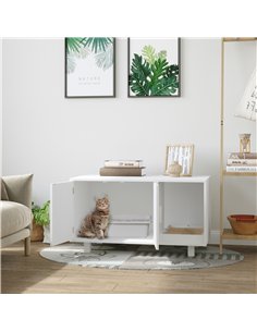 PawHut Wooden Cat Litter Box Enclosure & House with Nightstand/End Table Design, Scratcher, & Magnetic Doors, White 2